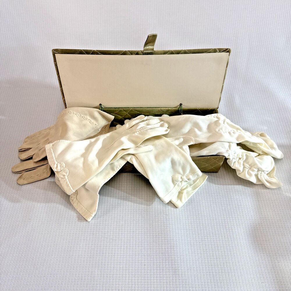 Set of 4 Vintage (40s-60s) Size 6.5 Formal Gloves in original quilted glove box